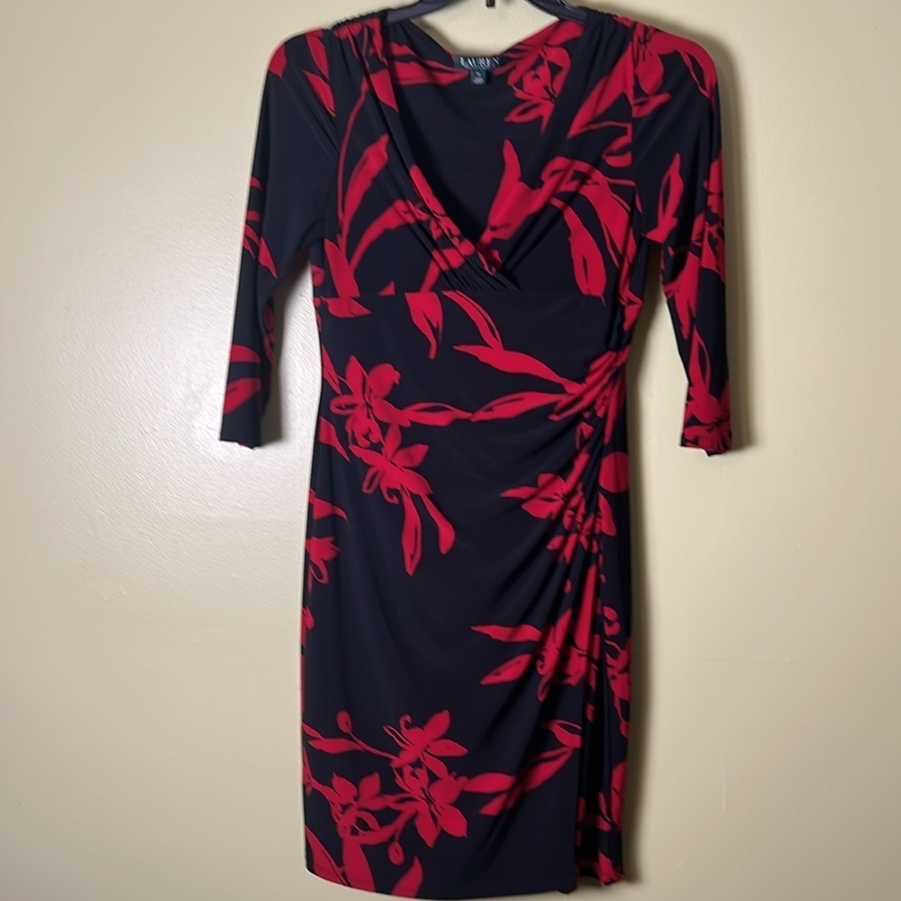 Ralph Lauren Black and Red mob wife,career Sheath Dress V-Neck 3/4 Sleeve - Picture 2 of 5